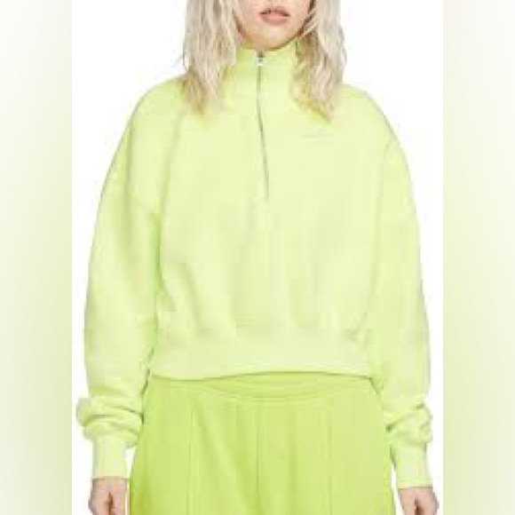 Lk NEW Nike Phoenix fleece crop sweatshirt lime green highlighter yellow sz LG - Picture 2 of 9